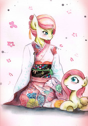 Size: 2409x3437 | Tagged: safe, artist:mashiromiku, fluttershy, anthro, g4, clothes, high res, kimono (clothing), traditional art, watercolor painting