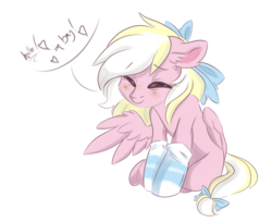 Size: 4222x3449 | Tagged: safe, artist:alina-pink, derpibooru exclusive, oc, oc only, oc:bay breeze, pony, blushing, bow, clothes, cute, ear fluff, eyes closed, female, hair bow, mare, simple background, sitting, socks, striped socks, tail bow, text, transparent background