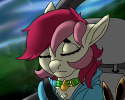Size: 2500x2000 | Tagged: safe, artist:brainiac, roseluck, pony, g4, car, chest fluff, clothes, collar, digital art, female, high res, hoodie, implied eevee, pet tag, plushie, pony pet, rosepet, sad, sleeping, solo