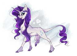 Size: 2537x1828 | Tagged: safe, artist:marbola, rarity, pony, unicorn, g4, abstract background, cheek fluff, chest fluff, coat markings, dappled, ear fluff, eyeshadow, female, floppy ears, heart, leg fluff, leonine tail, lidded eyes, looking at you, makeup, mare, open mouth, raised leg, shoulder fluff, smiling, solo, tail fluff, unshorn fetlocks