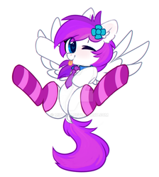 Size: 900x1006 | Tagged: safe, artist:mirtash, oc, oc only, oc:lavanda, pegasus, pony, rcf community, clothes, cute, deviantart watermark, female, flower, flower in hair, heart, heart eyes, looking at you, mare, obtrusive watermark, one eye closed, simple background, socks, solo, spread legs, spreading, striped socks, tongue out, watermark, white background, wingding eyes, wink