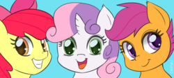 Size: 1200x540 | Tagged: safe, artist:empyu, apple bloom, scootaloo, sweetie belle, earth pony, pegasus, pony, unicorn, g4, 30 minute art challenge, adorabloom, bust, cute, cutealoo, cutie mark crusaders, diasweetes, female, filly, group, looking at you, open mouth, portrait, simple background, smiling, trio