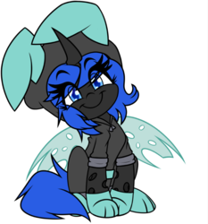 Size: 861x923 | Tagged: safe, artist:nekro-led, oc, oc only, oc:blue visions, changeling, blue changeling, bunny ears, changeling oc, clothes, costume, cute, dangerous mission outfit, female, hoodie, simple background, solo
