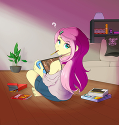 Size: 1500x1577 | Tagged: safe, artist:0ndshok, carrot top, dj pon-3, fluttershy, golden harvest, minuette, octavia melody, twilight sparkle, vinyl scratch, equestria girls, g4, anime, book, clothes, couch, cute, doom, feet, female, food, gamershy, humanized, looking at you, manga, mouth hold, nintendo, nintendo switch, otakushy, plant, pocky, question mark, shorts, sitting, solo focus