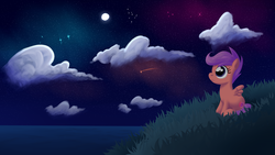 Size: 3840x2160 | Tagged: safe, artist:moonatik, scootaloo, pegasus, pony, g4, 4k, cloud, female, filly, foal, grass, high res, hill, lineless, moon, night, ocean, orion (constellation), shooting star, sitting, solo, space, starry night, stars, wallpaper