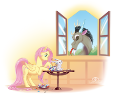 Size: 1856x1492 | Tagged: safe, artist:ladychimaera, angel bunny, discord, fluttershy, draconequus, pegasus, pony, rabbit, g4, candy, eyes closed, female, folded wings, food, glare, looking at each other, male, mare, sky, sticky, table, tongue out, window, wings