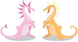 Size: 2999x1632 | Tagged: safe, artist:elsdrake, applejack, pinkie pie, dragon, g4, dragoness, dragonified, dragonjack, duo, female, open mouth, pinkiedragon, simple background, sitting, species swap, tongue out, transparent background, wingless dragon
