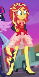 Size: 454x884 | Tagged: safe, screencap, sci-twi, sunset shimmer, twilight sparkle, wallflower blush, human, equestria girls, equestria girls series, forgotten friendship, g4, animation error, boots, cropped, female, offscreen character, ponied up, shoes, sleeveless, solo focus, super ponied up