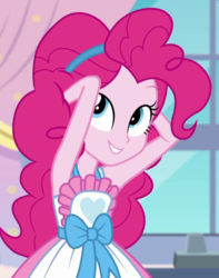Size: 520x659 | Tagged: safe, screencap, pinkie pie, equestria girls, g4, my little pony equestria girls: better together, the craft of cookies, apron, armpits, clothes, cropped, cute, diapinkes, female, pinkie's magic hair, smiling, solo