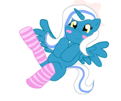 Size: 1200x1000 | Tagged: safe, artist:shipperofheart, oc, oc:fleurbelle, alicorn, pony, adorabelle, alicorn oc, blushing, bow, clothes, cute, female, hair bow, legs in air, mare, on back, ribbon, socks, spread wings, striped socks, wings, yellow eyes