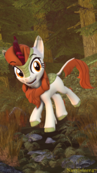 Size: 2160x3840 | Tagged: safe, artist:navyivizer47, autumn blaze, kirin, g4, sounds of silence, 3d, curved horn, female, forest, forest background, high res, horn, leonine tail, mare, solo, source filmmaker