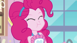 Size: 1280x720 | Tagged: safe, screencap, pinkie pie, equestria girls, g4, my little pony equestria girls: better together, the craft of cookies, apron, clothes, cute, diapinkes, eyes closed, female, solo