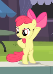 Size: 340x476 | Tagged: safe, screencap, apple bloom, earth pony, pony, g4, leap of faith, bipedal, bow, cropped, cute, female, filly, foal, hair bow, hooves on hips, human pose, raised hoof, smiling, solo, stretching