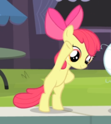 Size: 383x428 | Tagged: safe, screencap, apple bloom, earth pony, pony, g4, leap of faith, bipedal, bow, cropped, female, filly, foal, hair bow, hooves on hips, human pose, raised hoof, smiling, solo, stretching