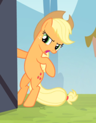 Size: 613x787 | Tagged: safe, screencap, applejack, earth pony, pony, g4, leap of faith, bipedal, cropped, female, freckles, mare, open mouth, raised hoof, solo