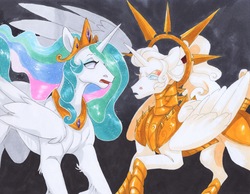 Size: 3262x2533 | Tagged: safe, artist:frozensoulpony, princess celestia, oc, oc:antumbra, alicorn, pony, g4, armor, female, high res, mother and daughter, traditional art