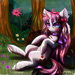 Size: 4096x4096 | Tagged: safe, artist:cali luminos, oc, oc only, oc:aine, pony, unicorn, absurd resolution, blushing, cute, female, flower, forest, grass, log, mare, signature, smiling, solo, tree, underhoof
