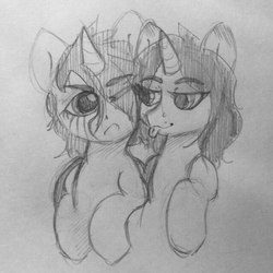 Size: 604x604 | Tagged: safe, artist:cherry_kotya, oc, oc:fumiko tanari, oc:randy, pony, unicorn, horn, hug, tongue out, traditional art