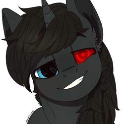 Size: 604x604 | Tagged: safe, artist:cherry_kotya, oc, oc only, pony, unicorn, bust, horn, portrait, red eye, simple background, smiling, solo, white background