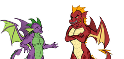 Size: 3507x1683 | Tagged: safe, artist:exelzior, garble, spike, dragon, g4, crossed arms, duo, male, older, older garble, older spike, sexy, stupid sexy spike, winged spike, wings