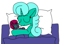 Size: 1486x1080 | Tagged: safe, artist:徐詩珮, fizzlepop berrytwist, glitter drops, tempest shadow, g4, my little pony: the movie, bed, eyes closed, female, lesbian, mare, pillow, plushie, ship:glittershadow, shipping, sleeping