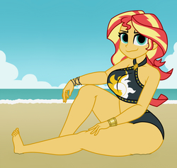 Size: 1900x1800 | Tagged: dead source, safe, artist:mashoart, sunset shimmer, equestria girls, g4, my little pony equestria girls: better together, barefoot, beach, beach babe, beautiful, big breasts, bikini, bikini babe, bracelet, breasts, busty sunset shimmer, clothes, cloud, curvy, feet, female, jewelry, looking at you, no catchlights, sand, sexy, sky, solo, stupid sexy sunset shimmer, swimsuit, thick, thighs, water, wristband