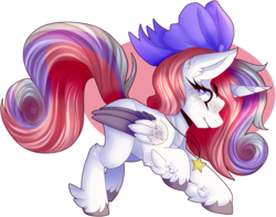 Size: 5983x4717 | Tagged: safe, artist:azrealrou, oc, oc only, oc:starfalls, alicorn, pony, abstract background, absurd resolution, alicorn oc, bow, colored hooves, ear fluff, folded wings, freckles, hair bow, jewelry, necklace, profile, raised hoof, solo, unshorn fetlocks, wings