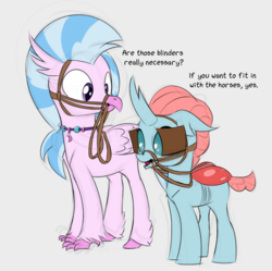 Size: 1654x1645 | Tagged: safe, artist:foal, ocellus, silverstream, changedling, changeling, classical hippogriff, hippogriff, g4, bit, blinders, bridle, female, tack, why