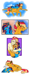 Size: 1280x3233 | Tagged: safe, artist:colourstrike, oc, oc only, oc:chrysanthos, oc:glider, human, pegasus, pony, blushing, dark skin, fangs, female, flying, hug, humanized, humanized oc, male, music notes, oc x oc, offspring, offspring shipping, parent:big macintosh, parent:fluttershy, parent:rainbow dash, parent:soarin', parents:fluttermac, parents:soarindash, pictogram, shipping, singing, size difference, straight