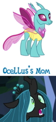 Size: 248x537 | Tagged: safe, edit, gameloft, queen chrysalis, spiracle, changedling, changeling, changeling queen, g4, crying, female, mommy chrissy, what the hell gameloft