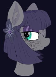 Size: 2484x3417 | Tagged: safe, artist:paskanaakka, derpibooru exclusive, maud pie, earth pony, pony, g4, alternate hairstyle, bust, ear fluff, eyeshadow, female, flower, flower in hair, goth, high res, makeup, mare, portrait, simple background, solo