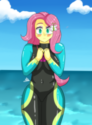 Size: 2500x3400 | Tagged: safe, alternate version, artist:zachc, fluttershy, equestria girls, g4, my little pony equestria girls: better together, belly, belly button, clothes, cloud, embarrassed, female, fluttershy's wetsuit, high res, looking at you, ocean, sky, solo, wetsuit