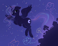 Size: 2647x2102 | Tagged: safe, artist:katputze, princess luna, alicorn, pony, g4, :3, cute, dream, dream walker luna, eyeshadow, female, flowing mane, flying, high res, house, lunabetes, makeup, mare, missing accessory, smiling, solo, stars, sweet dreams fuel, thought bubble, tree, wholesome