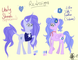 Size: 1800x1400 | Tagged: safe, artist:wonderschwifty, oc, oc:lily feathers, oc:unity shards, pony, redesign, reference sheet, solo