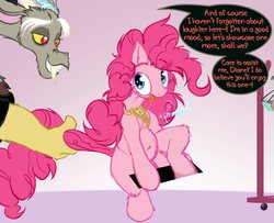 Size: 1536x1249 | Tagged: safe, artist:frist44, discord, pinkie pie, earth pony, pony, comic:panty shopping with discord, g4, belly button, big crotchboobs, carousel boutique, censor bar, censored, clothes, clothes hanger, clothes rack, comic, crotchboobs, dialogue, female, frilly underwear, mare, nudity, panties, physical censor bar, standing, tail, tail pull, tongue out, underwear, yellow underwear