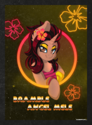 Size: 1200x1622 | Tagged: safe, artist:ciderpunk, oc, oc only, oc:bramble angel mele, pony, unicorn, bust, flower, flower in hair, looking at you, synthwave