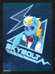 Size: 1200x1622 | Tagged: safe, artist:ciderpunk, oc, oc only, oc:skybolt, pony, unicorn, bust, clothes, looking at you, scarf, synthwave, vest