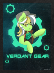 Size: 1200x1622 | Tagged: safe, artist:ciderpunk, oc, oc only, oc:verdant gear, pony, bandana, bust, clothes, looking at you, synthwave, vest