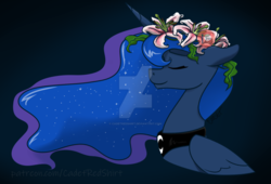 Size: 1280x872 | Tagged: safe, artist:cadetredshirt, princess luna, alicorn, pony, bust, cute, deviantart watermark, digital art, ear fluff, ethereal mane, eyes closed, female, flower, flower in hair, folded wings, gradient background, horn, jewelry, lily (flower), mare, missing accessory, obtrusive watermark, on side, patreon, patreon logo, patreon reward, peytral, portrait, profile, regalia, relaxed, signature, simple background, smiling, solo, sparkles, watermark, wings