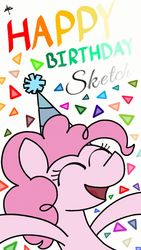 Size: 540x960 | Tagged: safe, pinkie pie, pony, g4, anniversary, birthday, female, food, hat, low quality, mare, party, party cannon, party hat, pie, simple background