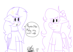 Size: 1400x1000 | Tagged: safe, artist:wonderschwifty, derpibooru exclusive, oc, oc only, oc:lily feathers, oc:wonder sparkle, pony, blushing, clothes, duo, human fetish, shirt, speech bubble, t-shirt