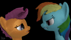 Size: 1920x1080 | Tagged: safe, artist:nebulafactory, rainbow dash, scootaloo, pegasus, pony, fanfic:rainbow factory, g4, 3d, abuse, angry, blender, pegasus device, rainbow dash is not amused, rainbow factory dash, sad, scootabuse, unamused