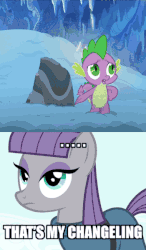Size: 350x600 | Tagged: safe, edit, edited screencap, screencap, maud pie, spike, thorax, changeling, dragon, pony, g4, angry, animated, caption, female, gif, image macro, impact font, male, mare, meme, rock, shapeshifting, text, that's my pony, that's my x