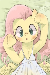 Size: 1200x1800 | Tagged: safe, artist:yanamosuda, fluttershy, pegasus, pony, g4, blushing, butt wings, clothes, cute, dress, female, mare, on back, open mouth, shyabetes, solo, spread wings, spring, spring dress, summer, summer dress, sundress, underhoof, white dress, wings