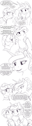 Size: 1280x4945 | Tagged: safe, artist:silfoe, princess cadance, shining armor, twilight sparkle, alicorn, pony, unicorn, moonsetmlp, g4, alternate universe, armor, black and white, blushing, cheek squish, clothes, comic, dialogue, female, grayscale, guard, implied lesbian, implied shipping, implied twimoon, jewelry, male, mare, monochrome, nodding, nope, regalia, scrunchy face, shining armor does not want, shipper on deck, simple background, speech bubble, squishy cheeks, stallion, thinking, unicorn twilight, uniform, white background