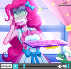 Size: 1160x1120 | Tagged: safe, alternate version, artist:the-butch-x, pinkie pie, tank, equestria girls, g4, my little pony equestria girls: better together, the craft of cookies, apron, armpits, baked bads, baking sheet, clothes, cookie, curtains, cyanide, female, foaming at the mouth, food, oven mitts, signature, smiling, solo, this will end in death, this will end in tears, this will end in tears and/or death, this will end in the hospital, tray, window