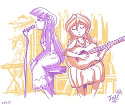 Size: 3304x2783 | Tagged: safe, artist:jowyb, rarity, sunset shimmer, twilight sparkle, equestria girls, g4, clothes, duo, eyes closed, female, guitar, high res, keyboard, lesbian, microphone, musical instrument, open mouth, ship:sunsetsparkle, shipping, singing, sitting, skirt, smiling