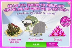 Size: 1152x764 | Tagged: safe, gameloft, yarra, yona's grandma, yak, g4, my little pony: magic princess, advertisement, costs real money, crack is cheaper, female, game, game screencap, gem, introduction card, moss pile, sale, snilldarfest