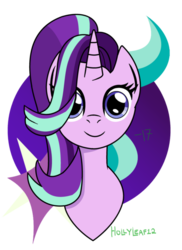 Size: 436x600 | Tagged: safe, artist:hollyleaf12, starlight glimmer, pony, unicorn, bust, cute, cutie mark, cutie mark background, female, glimmerbetes, hair flip, hair over one eye, looking at you, mare, portrait, signature, simple background, smiling, transparent background