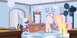 Size: 3039x1500 | Tagged: safe, artist:cloudy glow, artist:estories, artist:porygon2z, artist:sketchmcreations, edit, edited edit, editor:slayerbvc, fluttershy, photo finish, earth pony, pegasus, pony, g4, green isn't your color, bipedal, blushing, clothed female nude female, clothes, costume, covering, dress, dressing room, embarrassed, embarrassed nude exposure, female, fluttershy suit, furless, furless edit, gasp, hairbrush, light, looking down, mare, naked rarity, nudity, plucked wings, pony costume, ponyquin, ponysuit, reacting to nudity, shaved, shaved tail, trio
